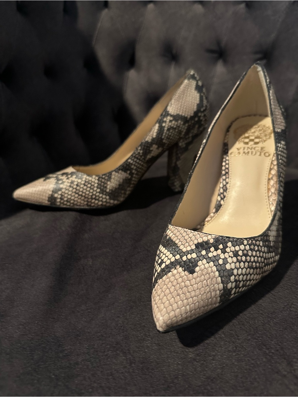 Vince Camuto “Candera” Snake-Print Pointed Pumps in Beige and Black NWT